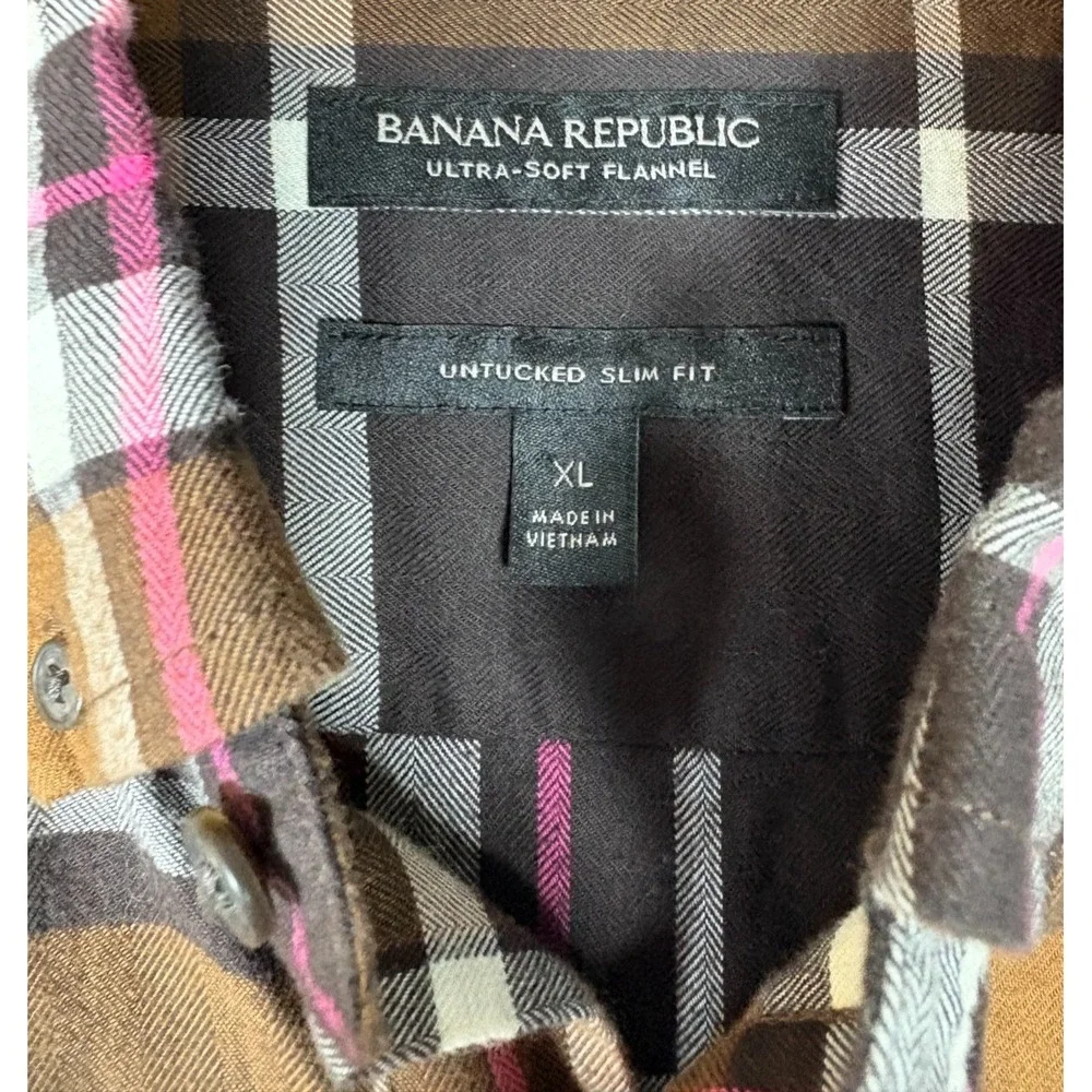 Banana Republic‎ Men's Brown's Plaid Slim Fit Untucked Flannel Shirt XL
